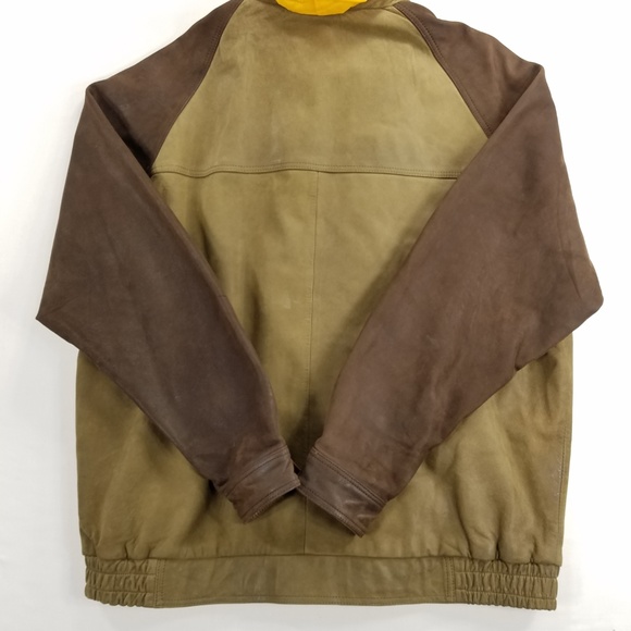 McKenzie Tribe Leather Bomber Jacket Brown Tan Men’s L Hidden Hood Zip Up - Picture 3 of 16